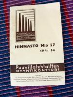 Puuvillatehtaiden myyntikonttori Hinnasto no 57, 1954