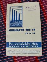 Puuvillatehtaiden myyntikonttori Hinnasto no 58, 1954